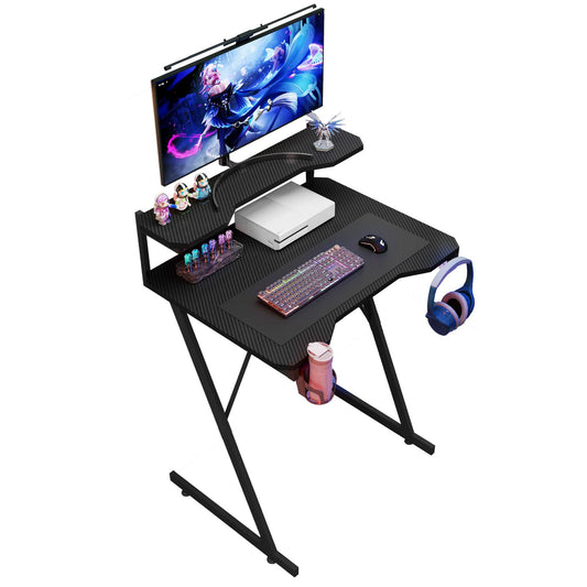 Gaming / Computer Desk with Monitor Stand – Carbon Fibre Top Black – 80cm L x 60 D x 75/91 H