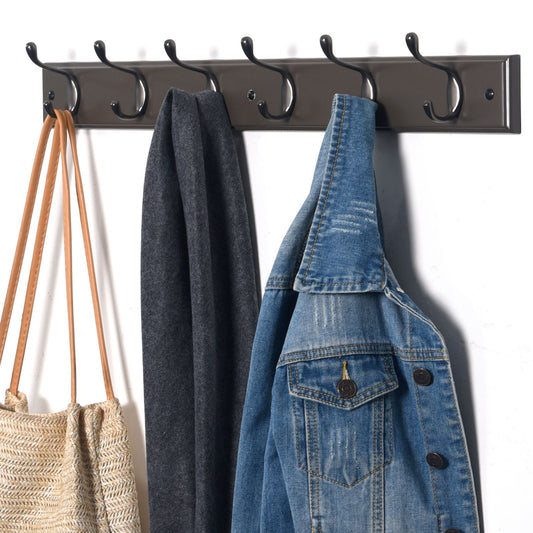 6 Double Hook Wall Mounted Door Clothes Hanger Coat Rack in Charcoal Grey