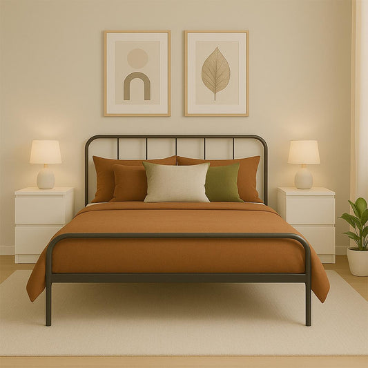 Double Size Bed Frame Metal Rounded Headboard Easy Assembly Bed Base Storage