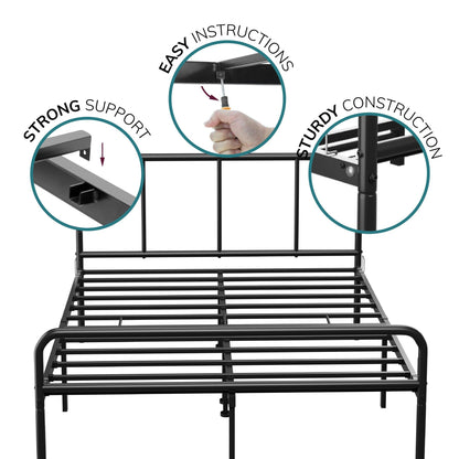Double Size Bed Frame Metal Rounded Headboard Easy Assembly Bed Base Storage