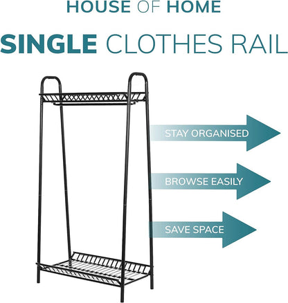 Two Tier Vintage Style Black Steel Clothes Rack with Two Storage Shelves – Perfect Clothing Shoes Bags Hats Storage for Bedrooms Closets & Boutique Shops