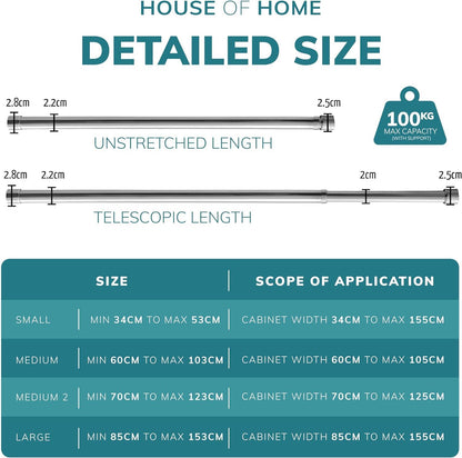 Extendable Wardrobe Pole 70-123CM Adjustable Rail Hanger Steel Heavy Duty Easy Assemble