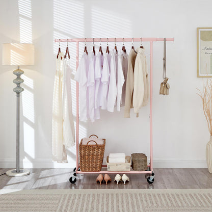 Heavy Duty Pink Clothes Rail Adjustable Width Height with Shelf, Locking Wheels