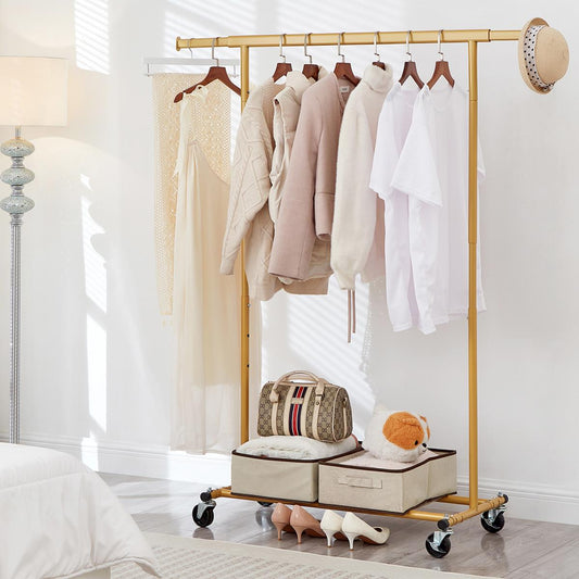 Heavy Duty Gold Clothes Rail Adjustable Width Height with Shelf, Locking Wheels