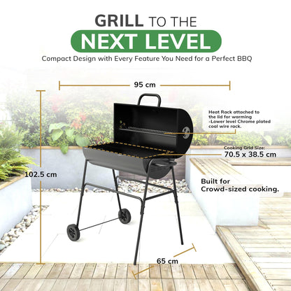 Barrel Charcoal BBQ XL Grill Lid Thermometer, Portable Trolley Smoker, Wheels