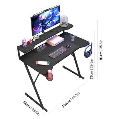 Gaming / Computer Desk with Monitor Stand – Carbon Fibre Top Black – 118cm L x 60 D x 75/91 H