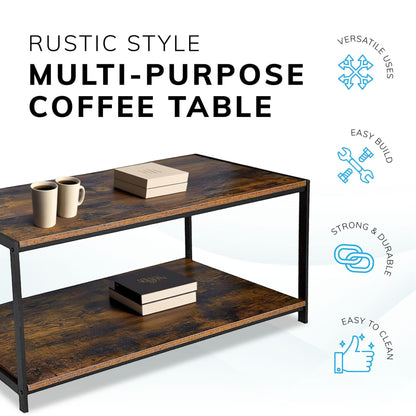 Rustic brown coffee table with black coated frame