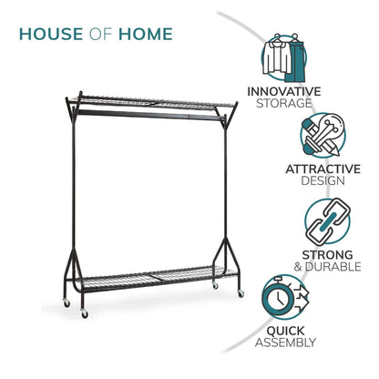 4ft long x 5ft Black Heavy Duty Hanging Clothes Garment Rail with Shoe Rack Shelf and Hat Stand