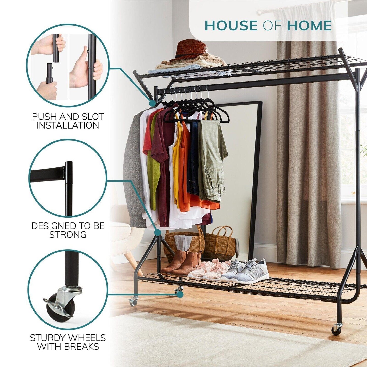 5ft long x 5ft Black Heavy Duty Hanging Clothes Garment Rail with Shoe Rack Shelf and Hat Stand