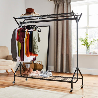 4ft long x 5ft Black Heavy Duty Hanging Clothes Garment Rail with Shoe Rack Shelf and Hat Stand