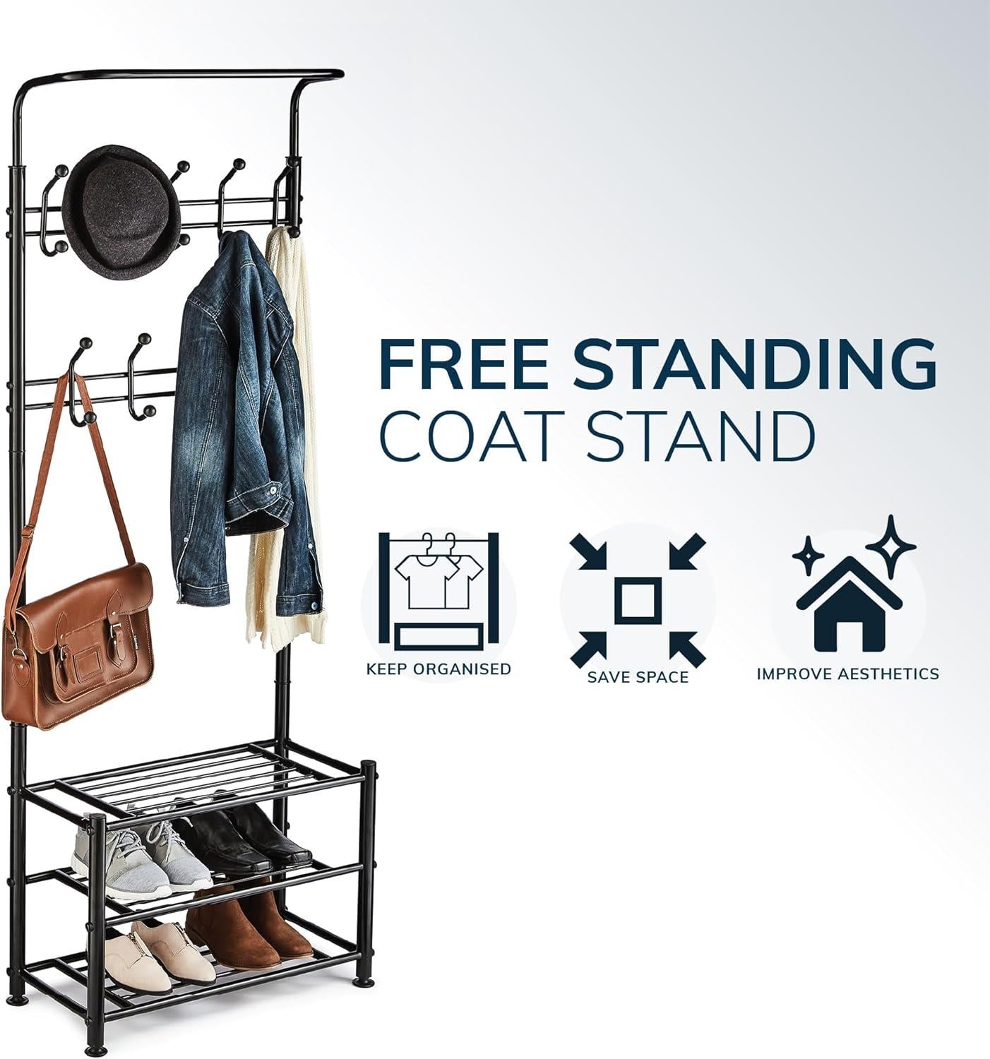 Multi Purpose Stand 18 Hooks For Clothes Shoes Hats Bags - Black