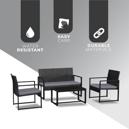 4pcs Steel & Plastic Rattan Sofa Set with Grey Cushion and Black Glass