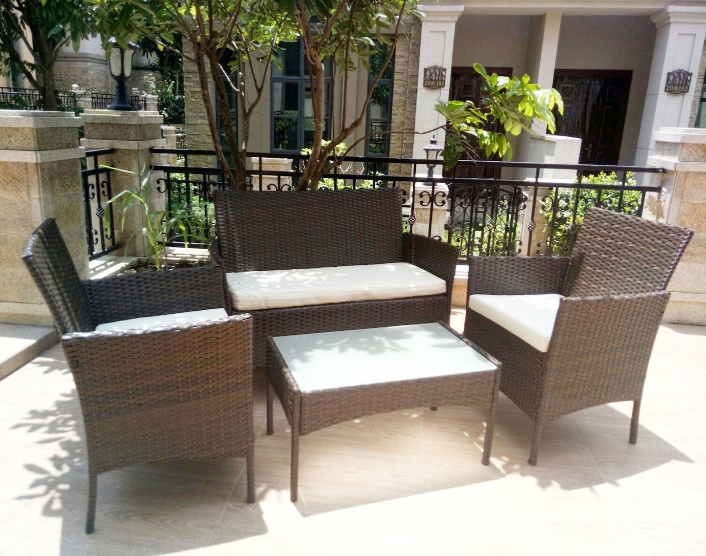 4pcs Steel & Plastic Rattan KD Sofa Set in Brown