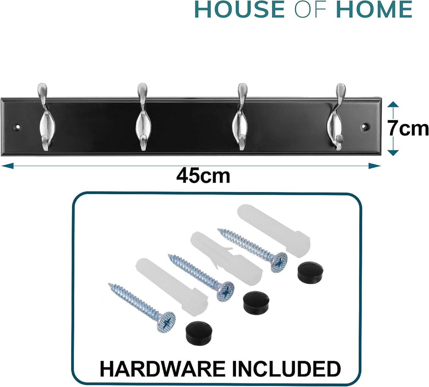 Quality Heavy Duty 4 Double Coat Hooks Wall Or Door Mountable Grey Wooden Board With FREE Fixings