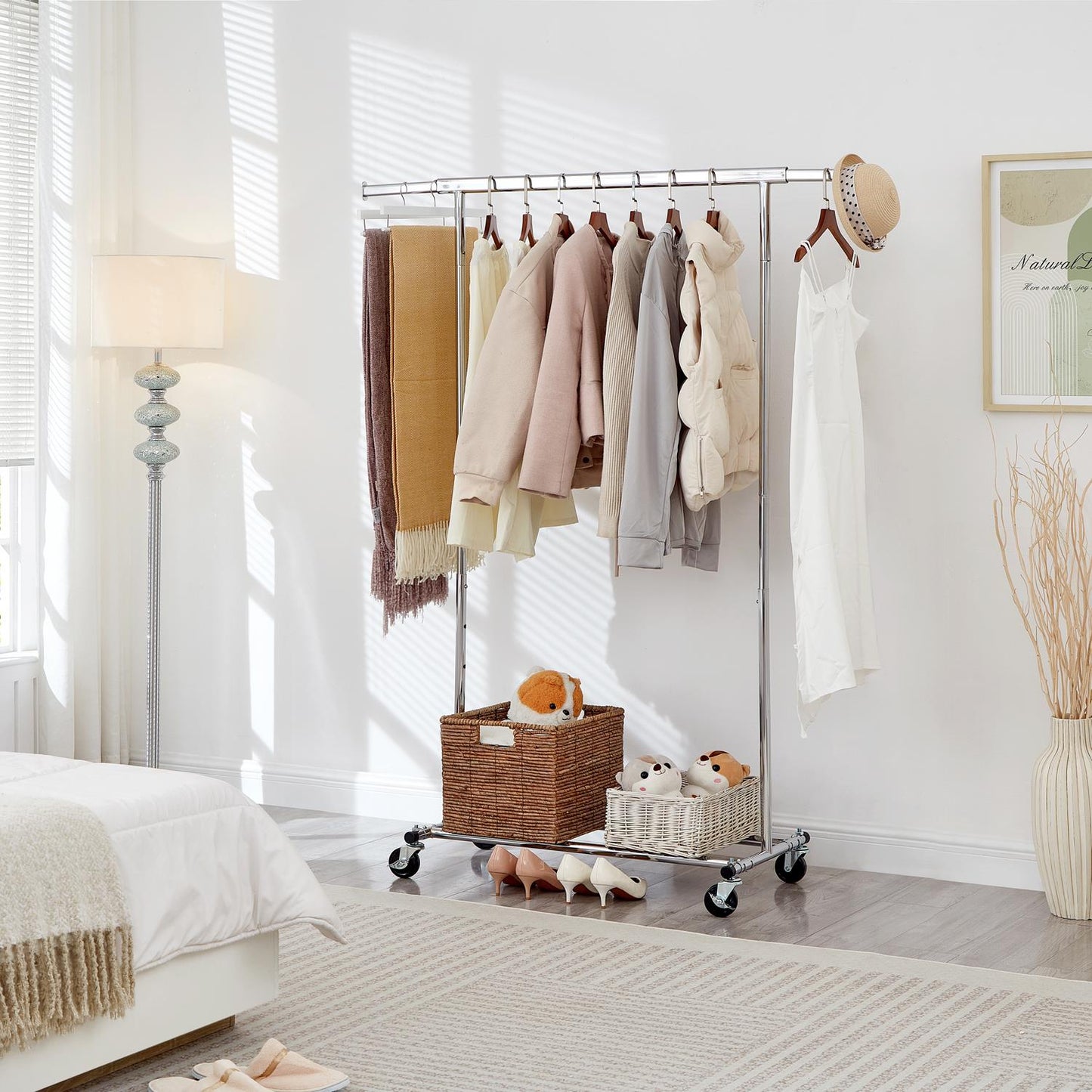 Heavy Duty Chrome Clothes Rail Adjustable Width Height with Shelf Locking Wheels