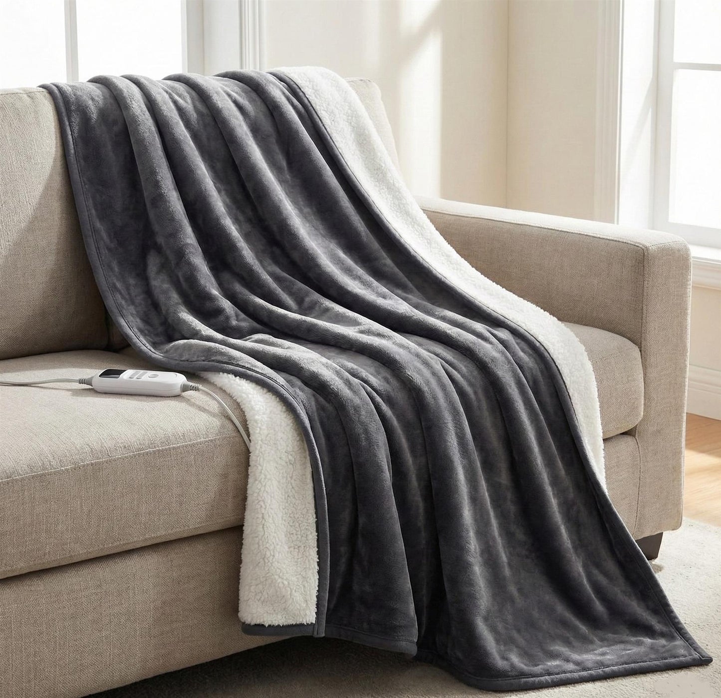 Electric Heated Throw Blanket – 10 Heat Settings, Timer & Safety Cut-Off (160×130cm, Light Grey)