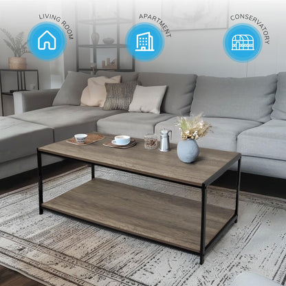 Rustic grey coffee table with black coated frame