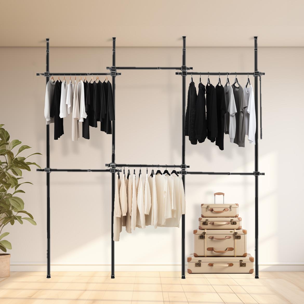 Triple Telescopic Black Wardrobe Organiser Hanging Rail Clothes Rack Adjustable Storage Shelving