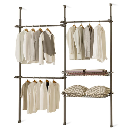 Telescopic Wardrobe Organiser Double Black Rail Clothes Rack Baskets Storage