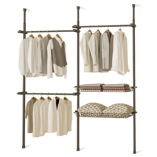 Telescopic Wardrobe Organiser Double Black Rail Clothes Rack Baskets Storage