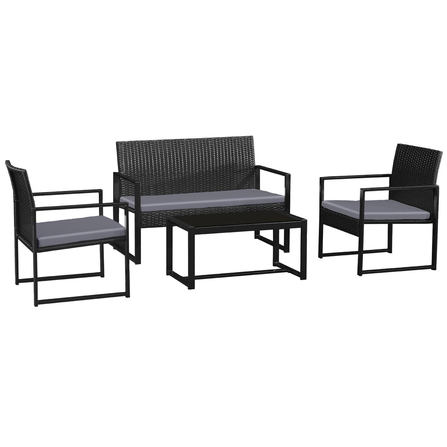 4pcs Steel & Plastic Rattan Sofa Set with Grey Cushion and Black Glass