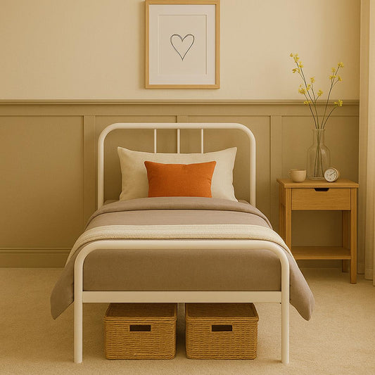 Single Bed Frame Metal Rounded Headboard Easy Assembly Bed Base Storage 6ftx3ft