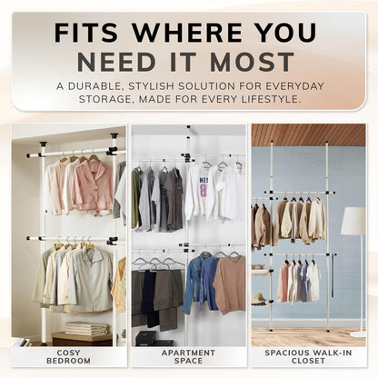 Telescopic Wardrobe Organiser Double White Rail Clothes Rack Baskets Storage