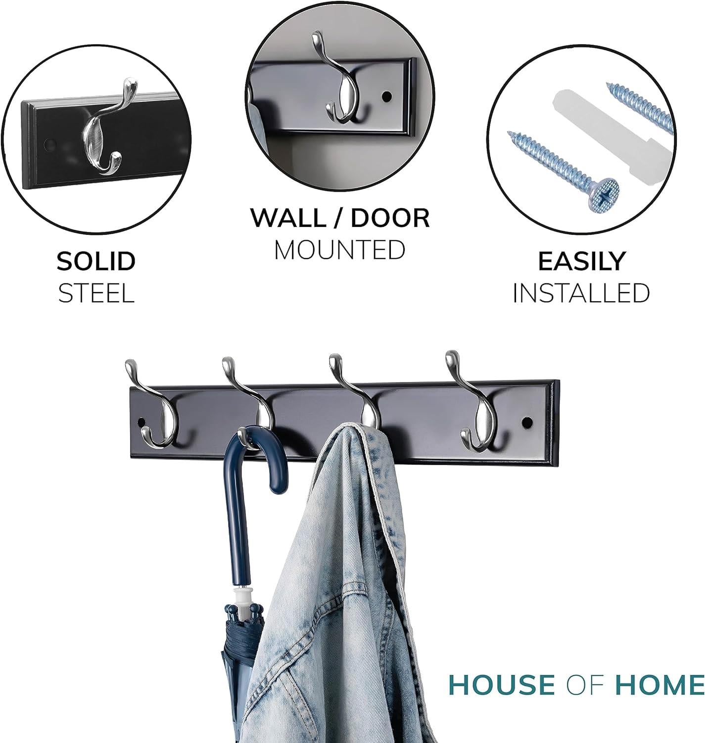 Quality Heavy Duty 4 Double Coat Hooks Wall Or Door Mountable Grey Wooden Board With FREE Fixings