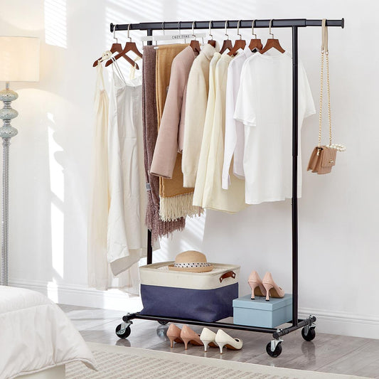 Heavy Duty Black Clothes Rail Adjustable Width Height with Shelf Locking Wheels