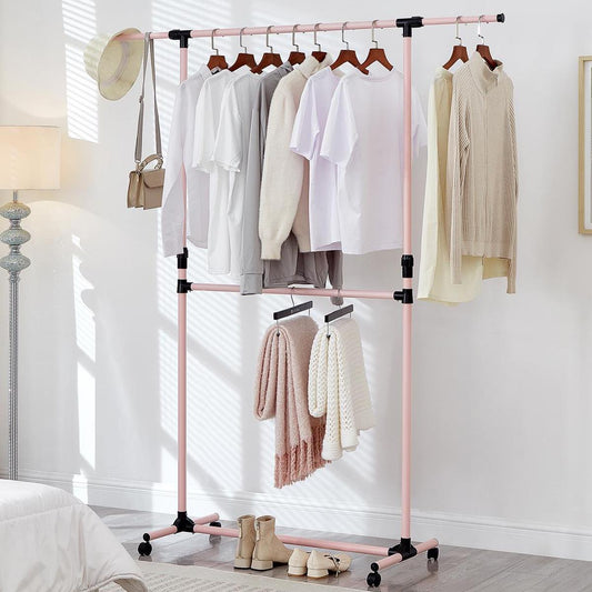 Double Clothes Rail, Extended Top Rail Adjustable Height, Pink