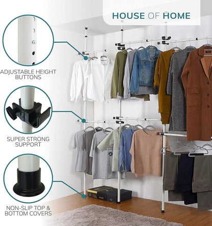 Triple Telescopic Wardrobe Organiser Hanging Rail Clothes Rack Adjustable Storage Shelving