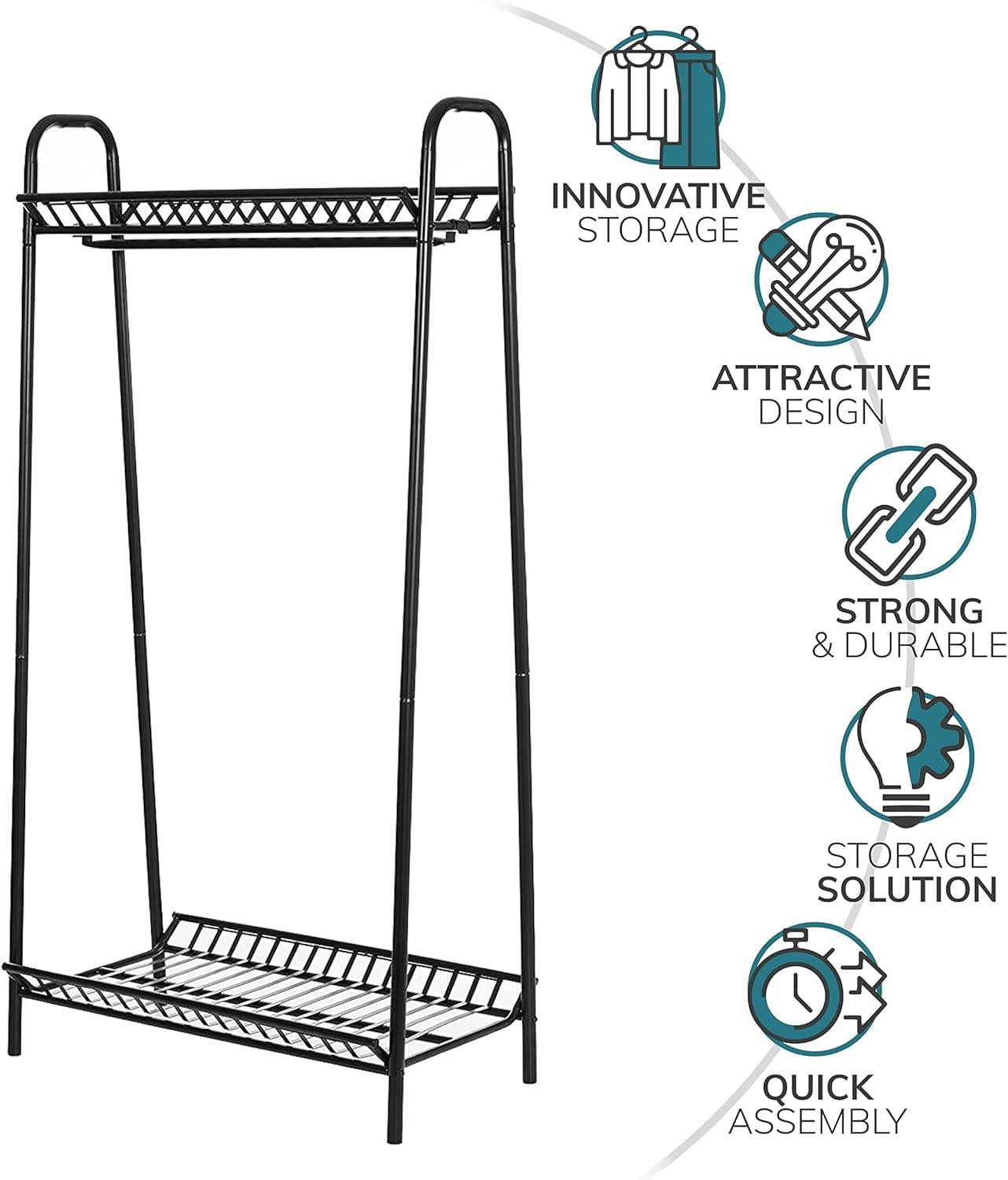 Two Tier Vintage Style Black Steel Clothes Rack with Two Storage Shelves – Perfect Clothing Shoes Bags Hats Storage for Bedrooms Closets & Boutique Shops