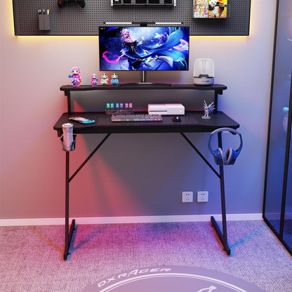 Gaming / Computer Desk with Monitor Stand – Carbon Fibre Top Black – 118cm L x 60 D x 75/91 H