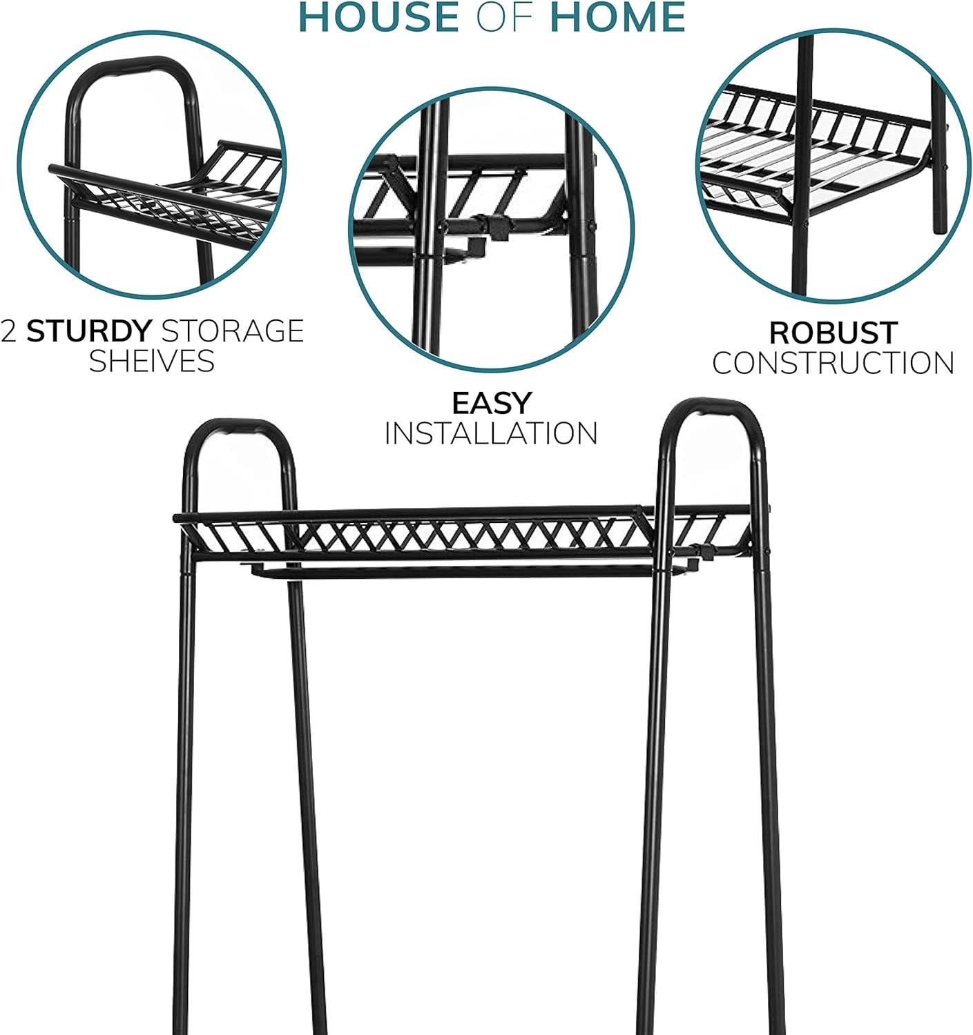 Two Tier Vintage Style Black Steel Clothes Rack with Two Storage Shelves – Perfect Clothing Shoes Bags Hats Storage for Bedrooms Closets & Boutique Shops