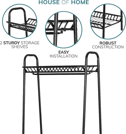 Two Tier Vintage Style Black Steel Clothes Rack with Two Storage Shelves – Perfect Clothing Shoes Bags Hats Storage for Bedrooms Closets & Boutique Shops