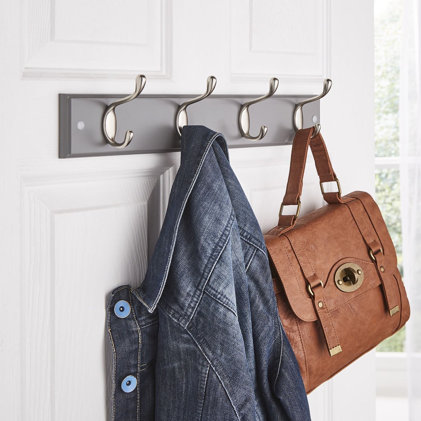 Quality Heavy Duty 4 Double Coat Hooks Wall Or Door Mountable Grey Wooden Board With FREE Fixings