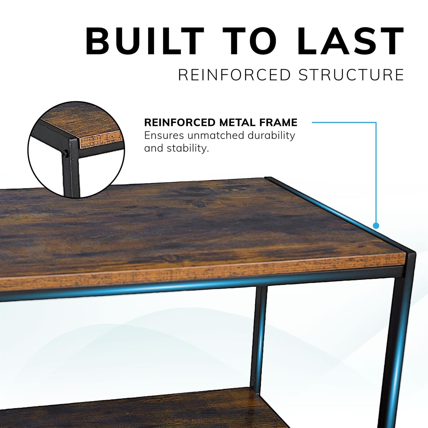 Rustic brown coffee table with black coated frame