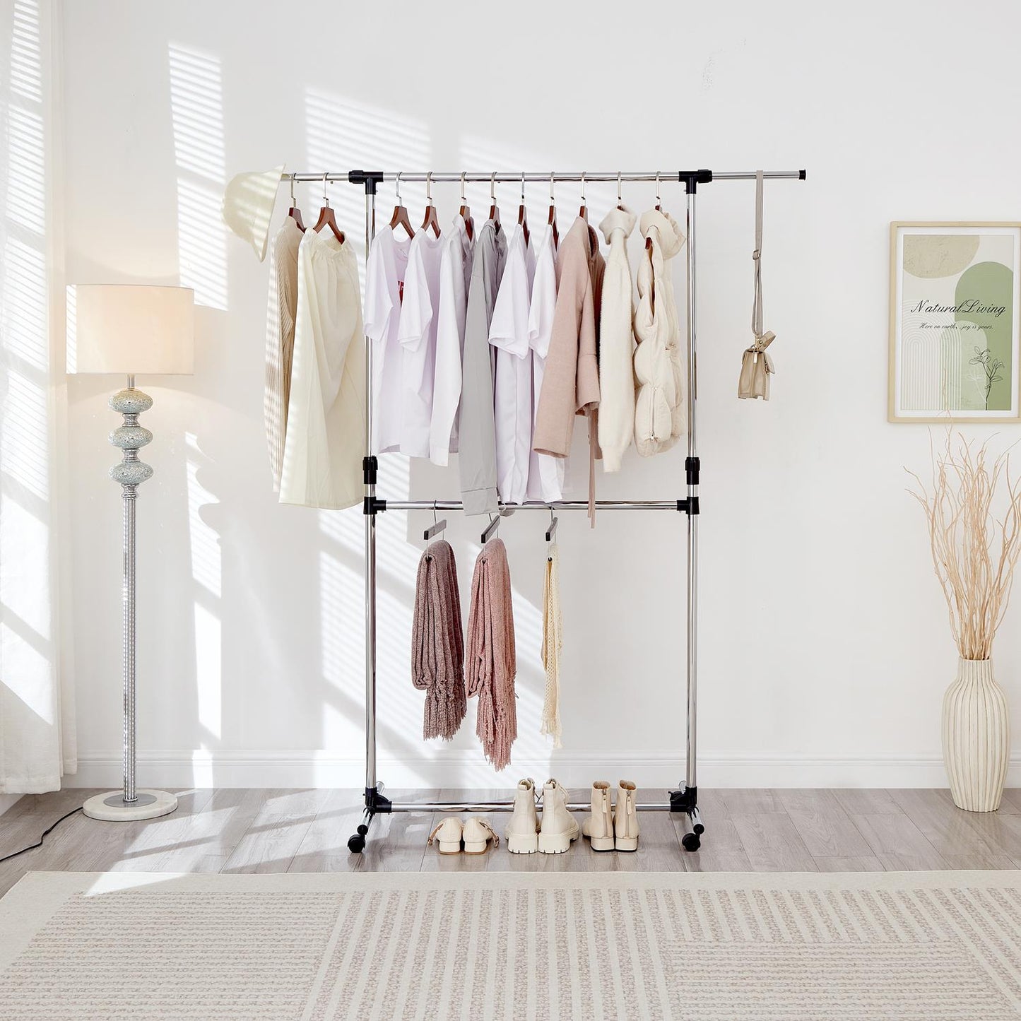 Double Clothes Rail, Extended Top Rail Adjustable Height, Chrome