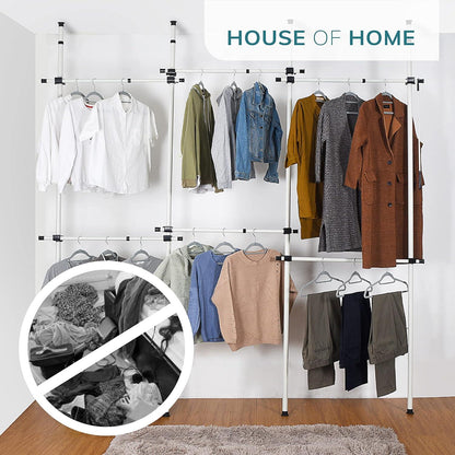 Triple Telescopic Wardrobe Organiser Hanging Rail Clothes Rack Adjustable Storage Shelving