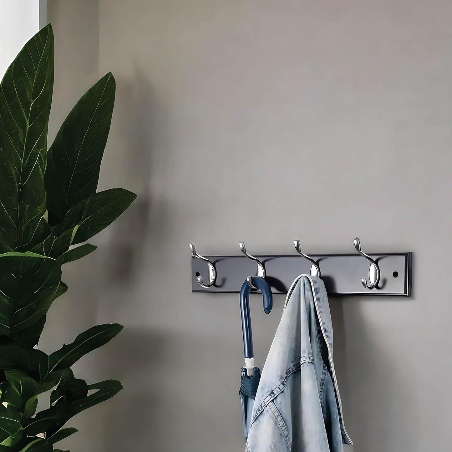 Quality Heavy Duty 4 Double Coat Hooks Wall Or Door Mountable Grey Wooden Board With FREE Fixings