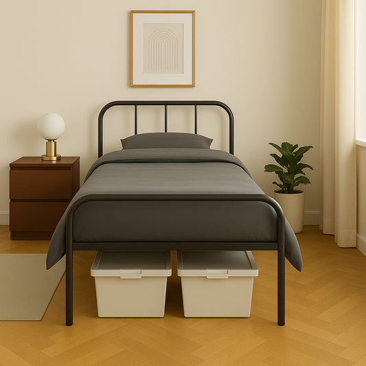 Single Bed Frame Metal Rounded Headboard Easy Assembly Under Bed Base Storage Space