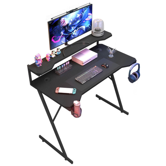 Gaming / Computer Desk with Monitor Stand – Carbon Fibre Top Black – 118cm L x 60 D x 75/91 H