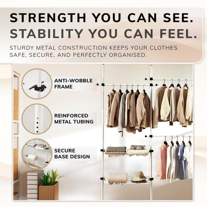 Telescopic Wardrobe Organiser Double White Rail Clothes Rack Baskets Storage