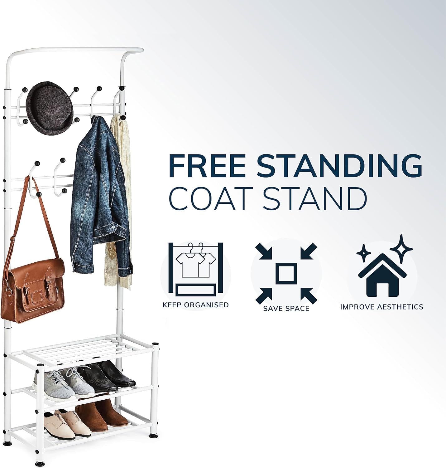 Multi Purpose Stand 18 Hooks For Clothes Shoes Hats Bags - White