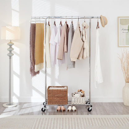 Heavy Duty Chrome Clothes Rail Adjustable Width Height with Shelf Locking Wheels