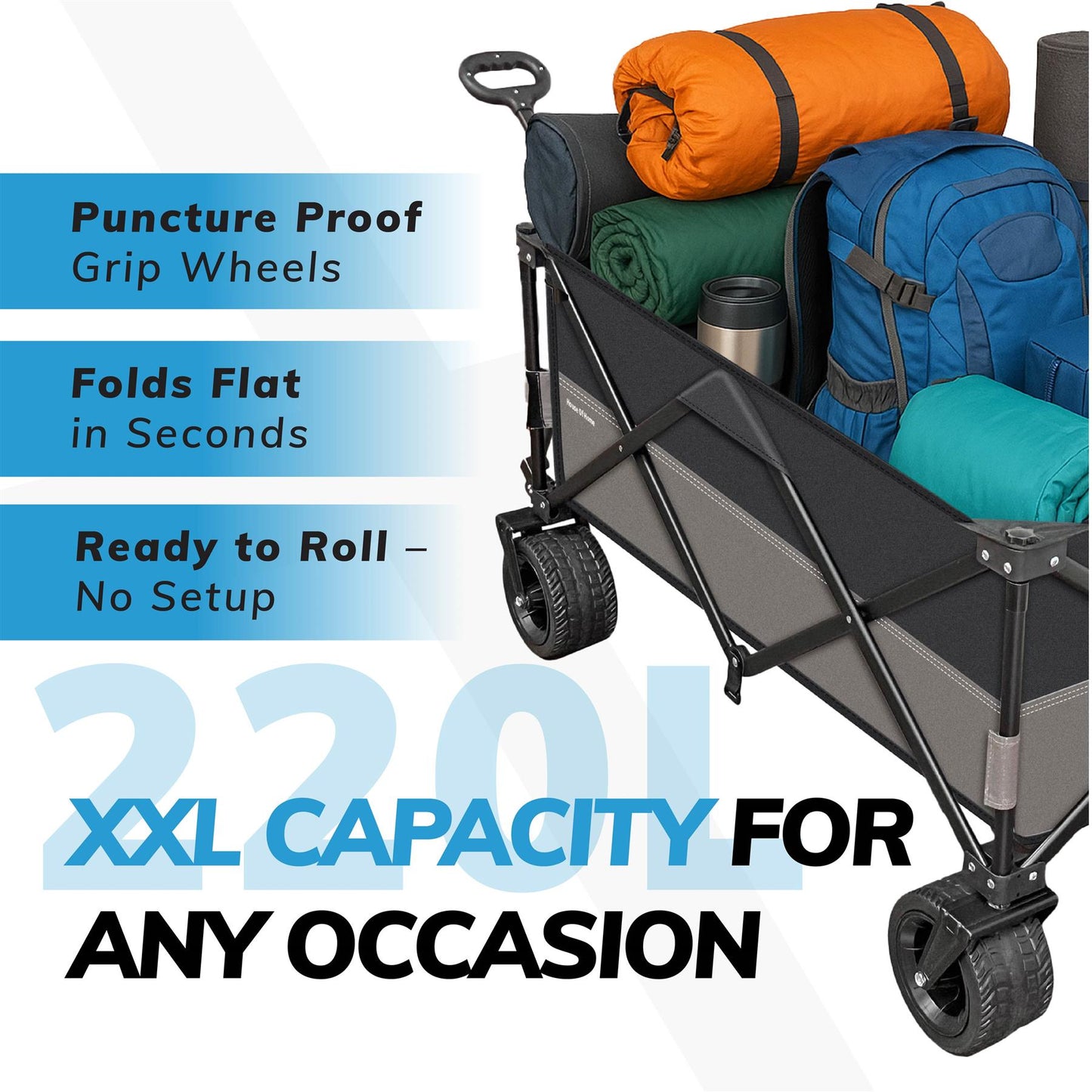 220L Foldable Utility Trolley Garden Home Camping Festivals Collapsible Cart, Carry Bag