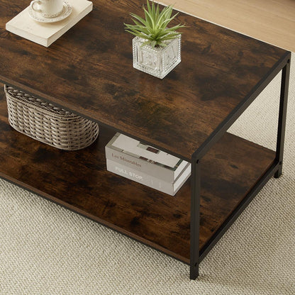 Rustic brown coffee table with black coated frame