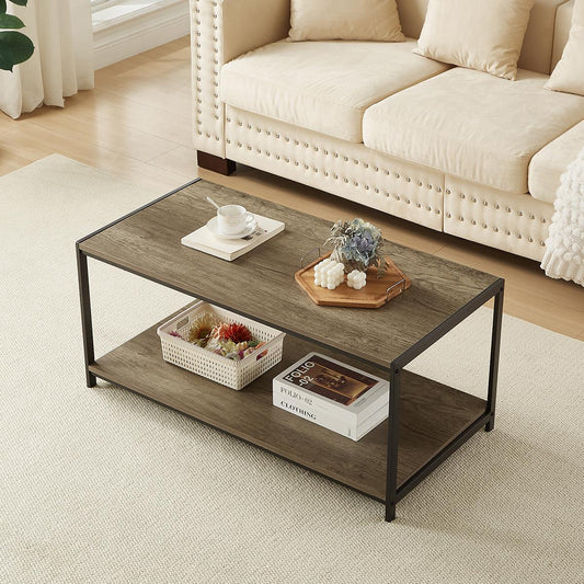 Rustic grey coffee table with black coated frame