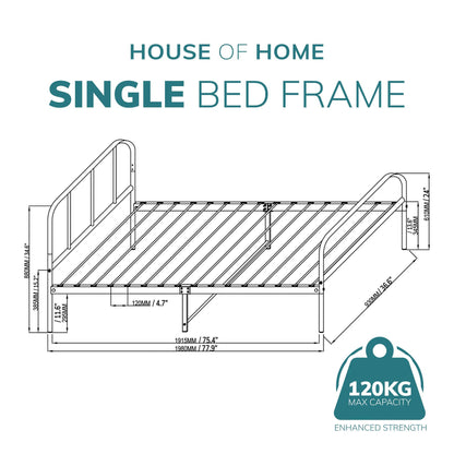 Single Bed Frame Metal Rounded Headboard Easy Assembly Under Bed Base Storage Space