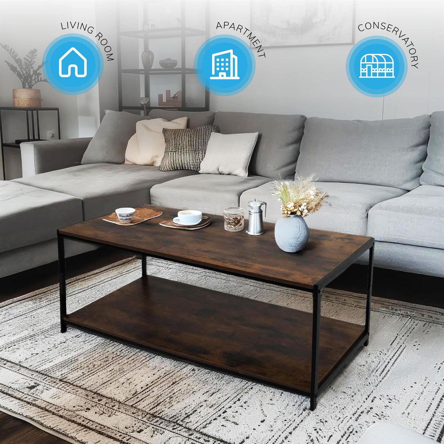 Rustic brown coffee table with black coated frame